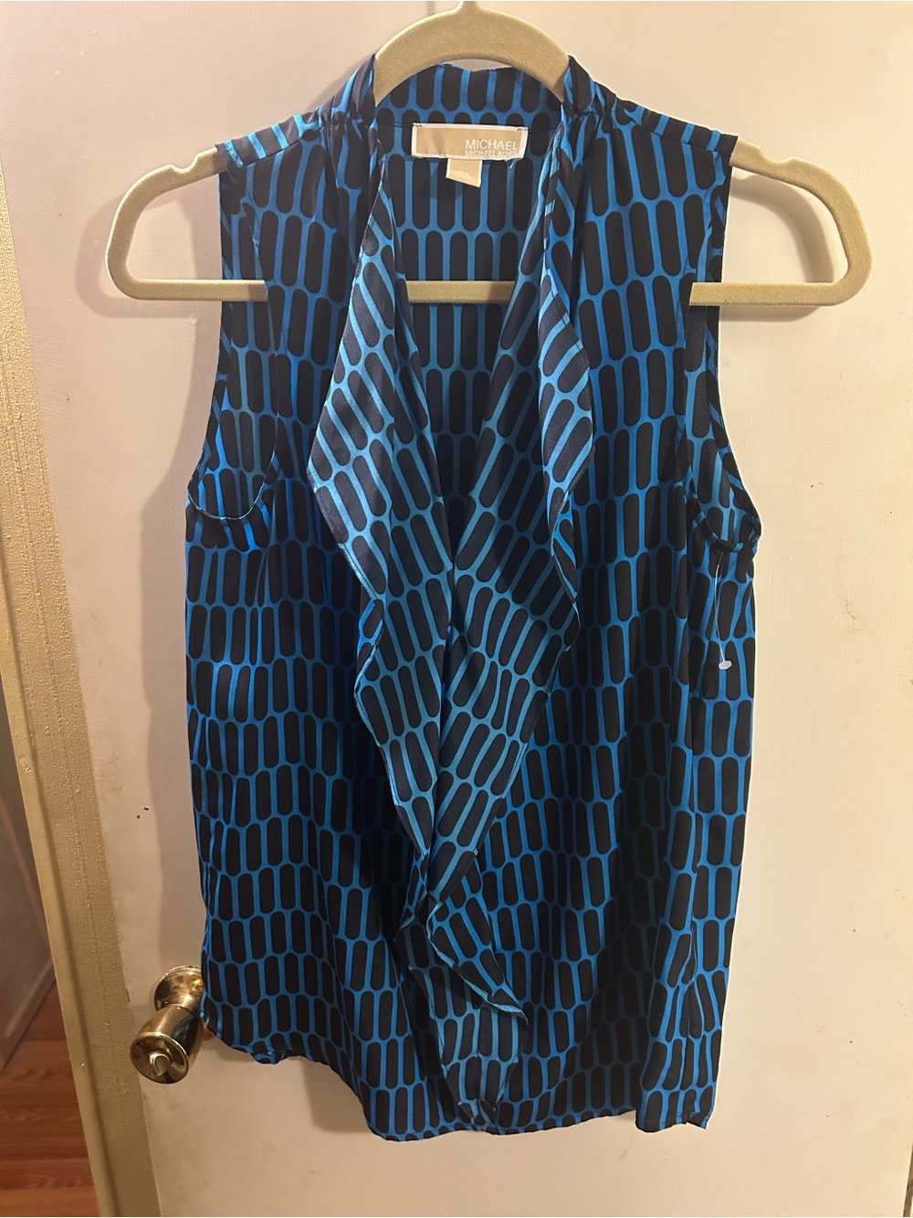 Michael Kors Blue Geometric Sleeveless Draped V-Neck Camisole